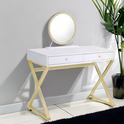 31" White & Gold Finish Round Dresser Mirror