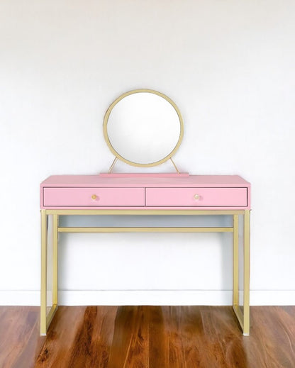 42" Gold And Pink Wood Vanity Table With Mirror And Two Drawers HomeRoots