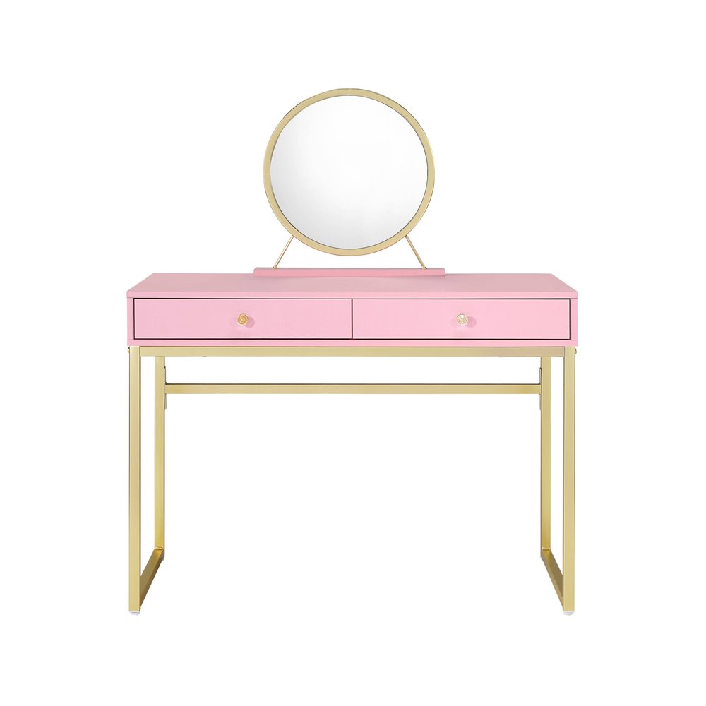 42" Gold And Pink Wood Vanity Table With Mirror And Two Drawers — view 1