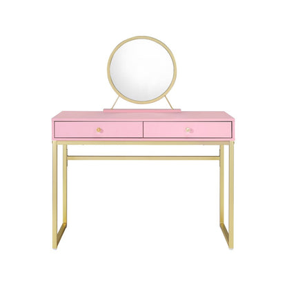 42" Gold And Pink Wood Vanity Table With Mirror And Two Drawers HomeRoots