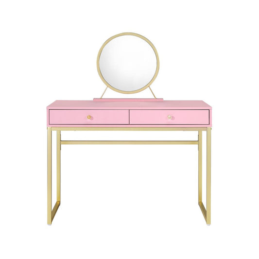 42" Gold And Pink Wood Vanity Table With Mirror And Two Drawers HomeRoots