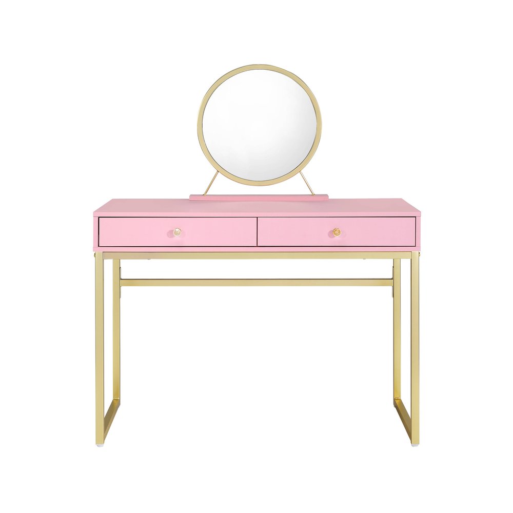 42" Gold And Pink Wood Vanity Table With Mirror And Two Drawers — view 2