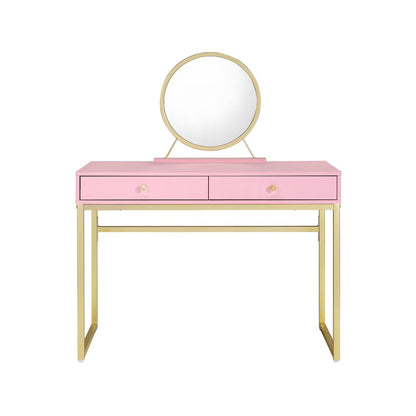 42" Gold And Pink Wood Vanity Table With Mirror And Two Drawers