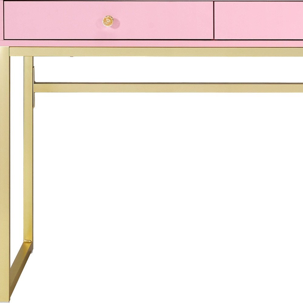 42" Gold And Pink Wood Vanity Table With Mirror And Two Drawers — view 3