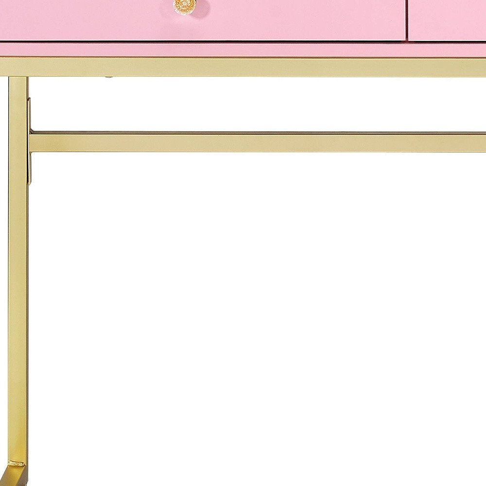 42" Gold And Pink Wood Vanity Table With Mirror And Two Drawers HomeRoots