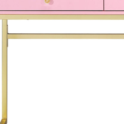 42" Gold And Pink Wood Vanity Table With Mirror And Two Drawers