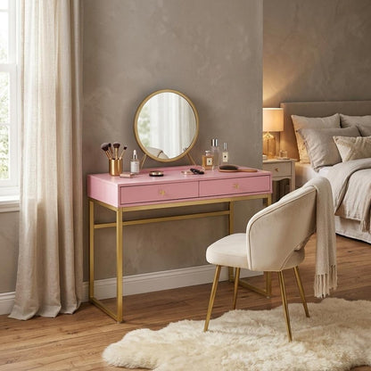 42" Gold And Pink Wood Vanity Table With Mirror And Two Drawers HomeRoots