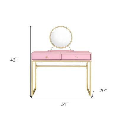 42" Gold And Pink Wood Vanity Table With Mirror And Two Drawers HomeRoots