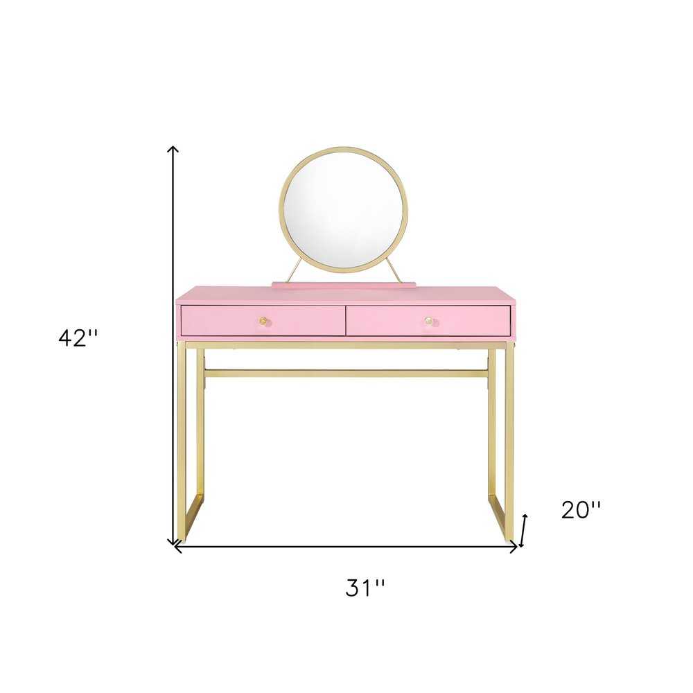 42" Gold And Pink Wood Vanity Table With Mirror And Two Drawers HomeRoots
