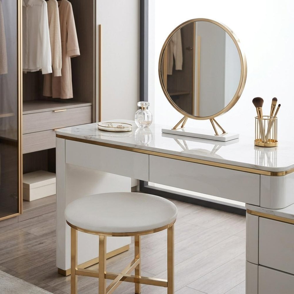 Set of Two Gold Metal And Faux Leather Round Freestanding Makeup Mirror And Stool HomeRoots