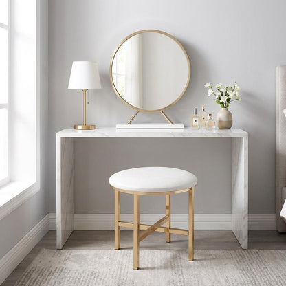 Set of Two Gold Metal And Faux Leather Round Freestanding Makeup Mirror And Stool HomeRoots