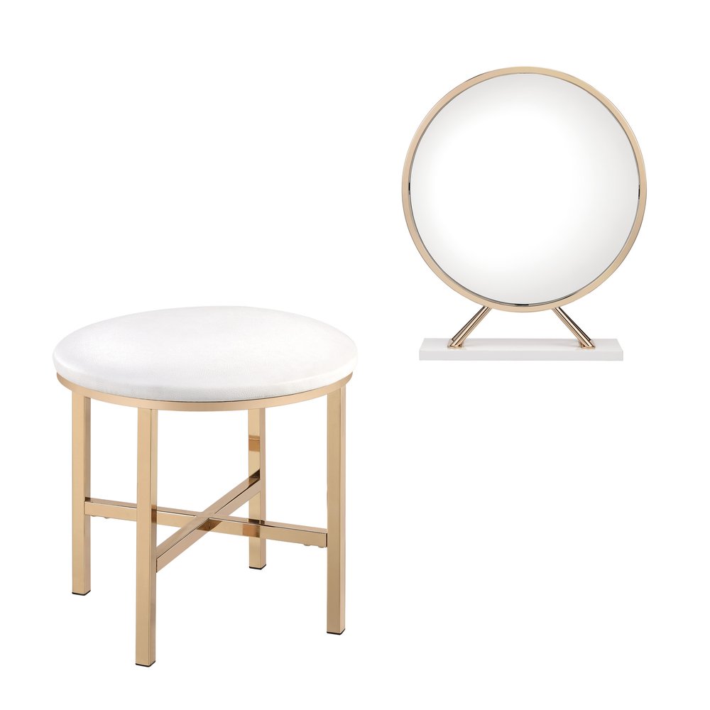 Set of Two Gold Metal And Faux Leather Round Freestanding Makeup Mirror And Stool HomeRoots