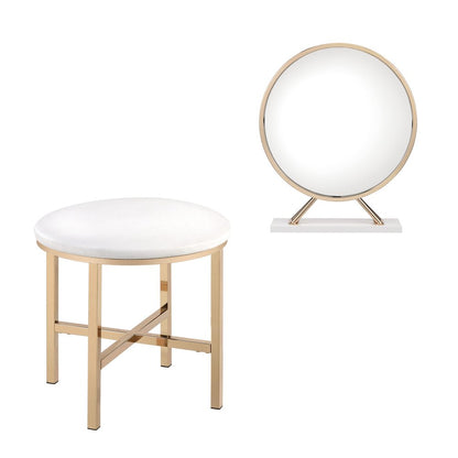 Set of Two Gold Metal And Faux Leather Round Freestanding Makeup Mirror And Stool HomeRoots