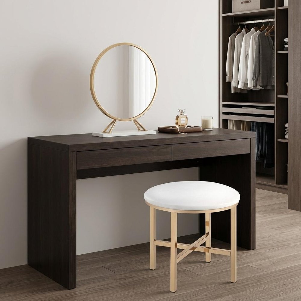 Set of Two Gold Metal And Faux Leather Round Freestanding Makeup Mirror And Stool HomeRoots