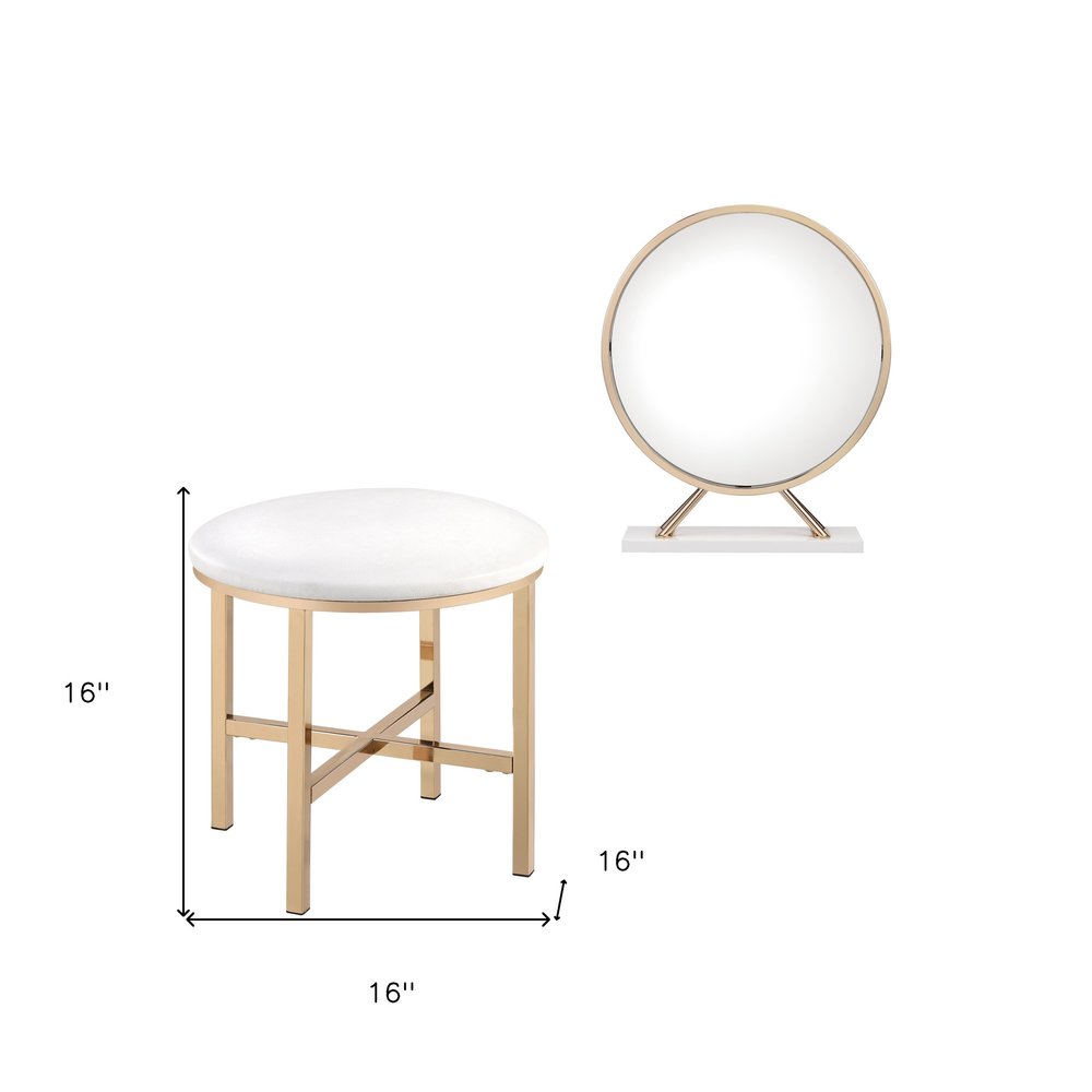 Set of Two Gold Metal And Faux Leather Round Freestanding Makeup Mirror And Stool HomeRoots