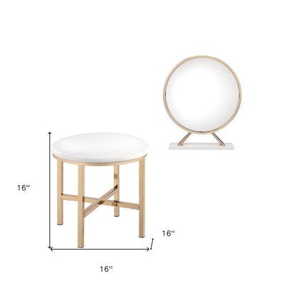 Set of Two Gold Metal And Faux Leather Round Freestanding Makeup Mirror And Stool HomeRoots