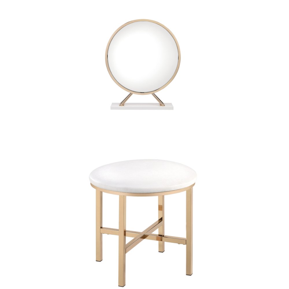 Set of Two Gold Metal And Faux Leather Round Freestanding Makeup Mirror And Stool HomeRoots