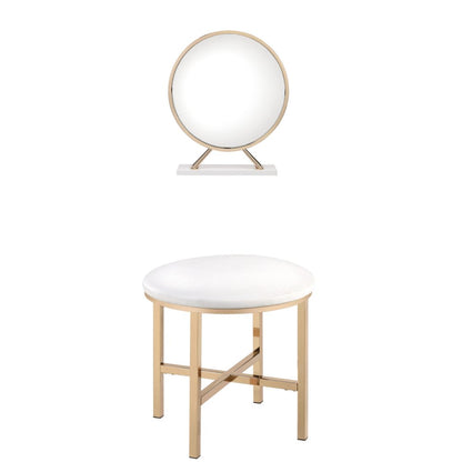 Set of Two Gold Metal And Faux Leather Round Freestanding Makeup Mirror And Stool HomeRoots