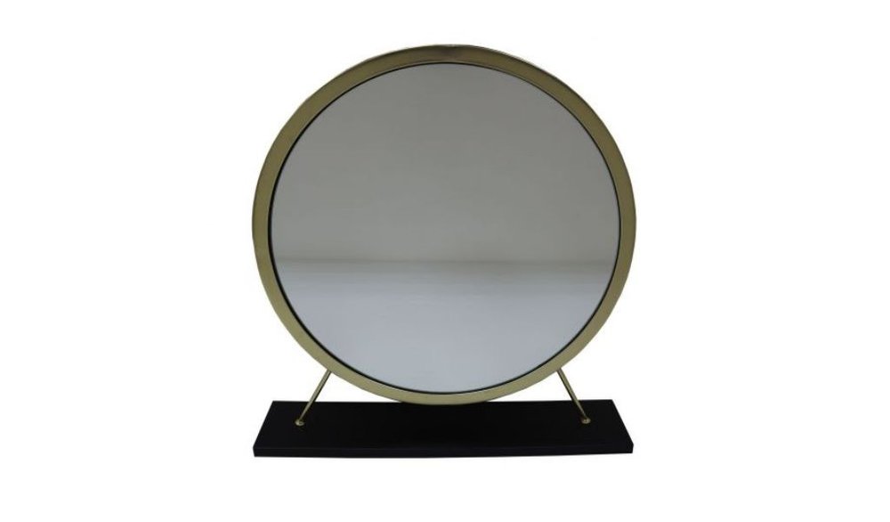Set of Two Gold Black and White Metal And Faux Fur Freestanding Makeup Mirror And Stool HomeRoots
