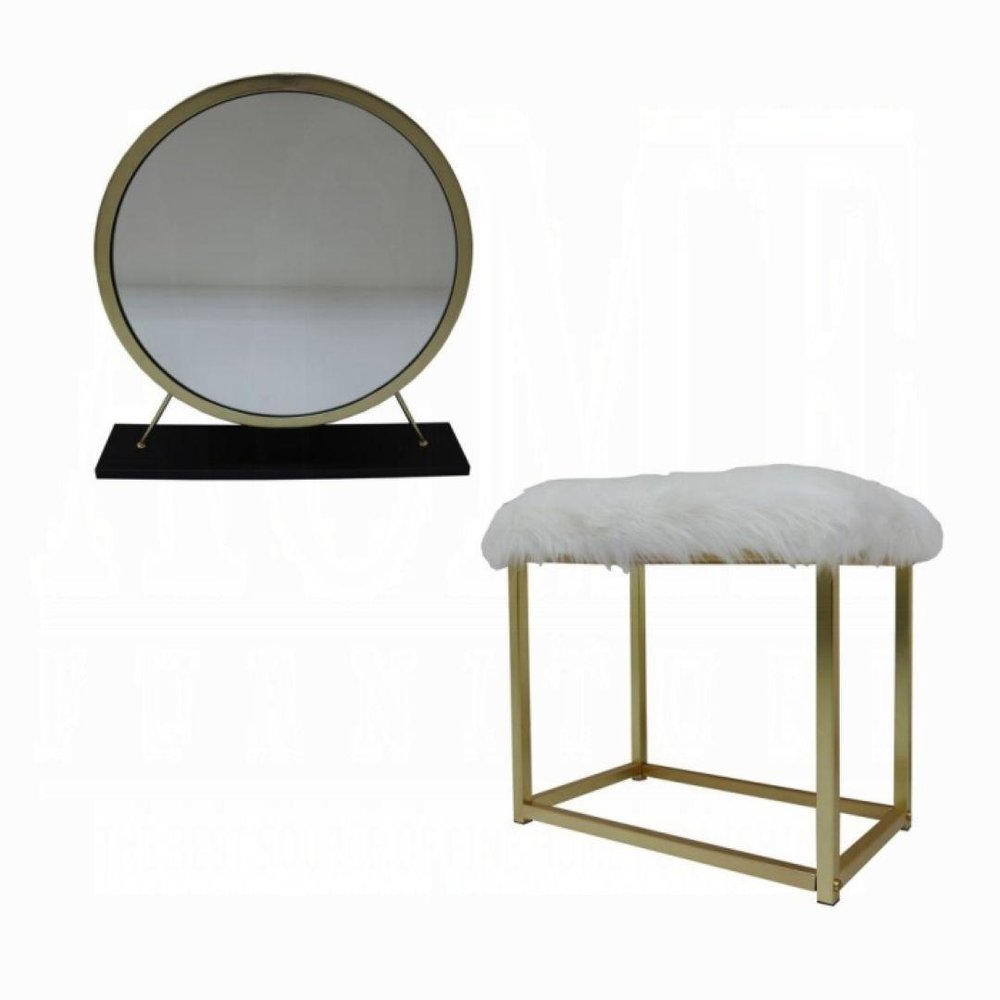 Set of Two Gold Black and White Metal And Faux Fur Freestanding Makeup Mirror And Stool HomeRoots