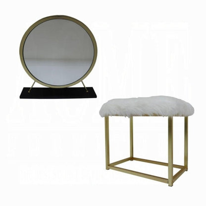 Set of Two Gold Black and White Metal And Faux Fur Freestanding Makeup Mirror And Stool HomeRoots