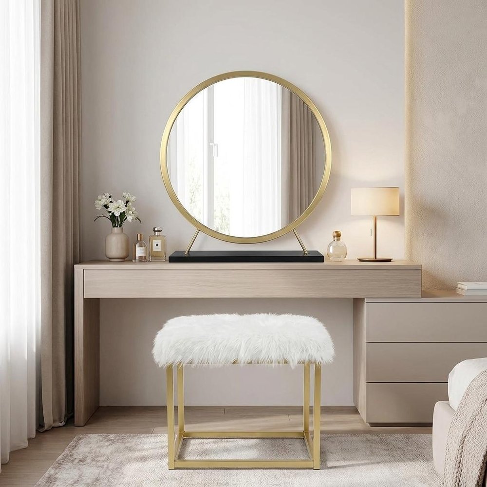 Set of Two Gold Black and White Metal And Faux Fur Freestanding Makeup Mirror And Stool HomeRoots