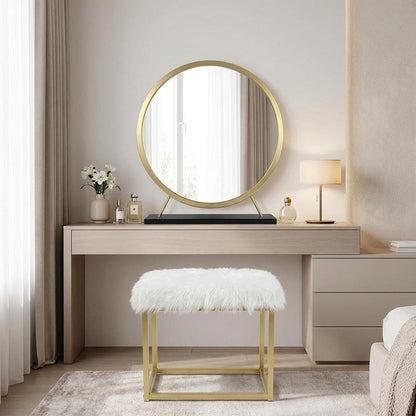 Set of Two Gold Black and White Metal And Faux Fur Freestanding Makeup Mirror And Stool HomeRoots