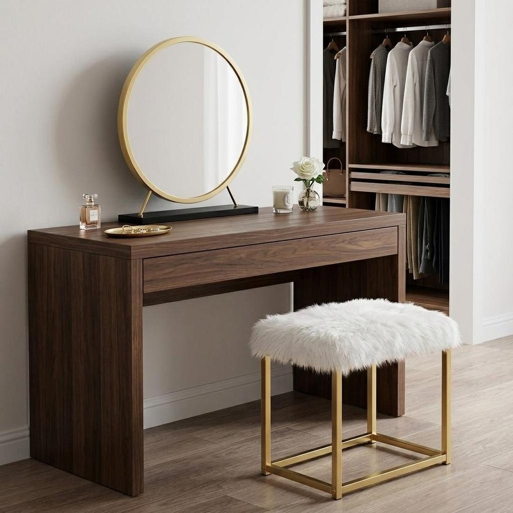 Set of Two Gold Black and White Metal And Faux Fur Freestanding Makeup Mirror And Stool HomeRoots