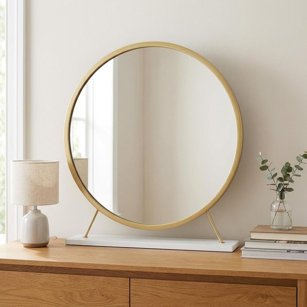 19" Brass Metal Round Freestanding Ornate Framed Makeup Shaving Tabletop Mirror HomeRoots