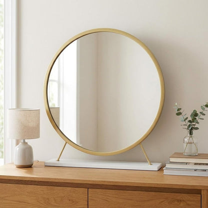 19" Brass Metal Round Freestanding Ornate Framed Makeup Shaving Tabletop Mirror HomeRoots