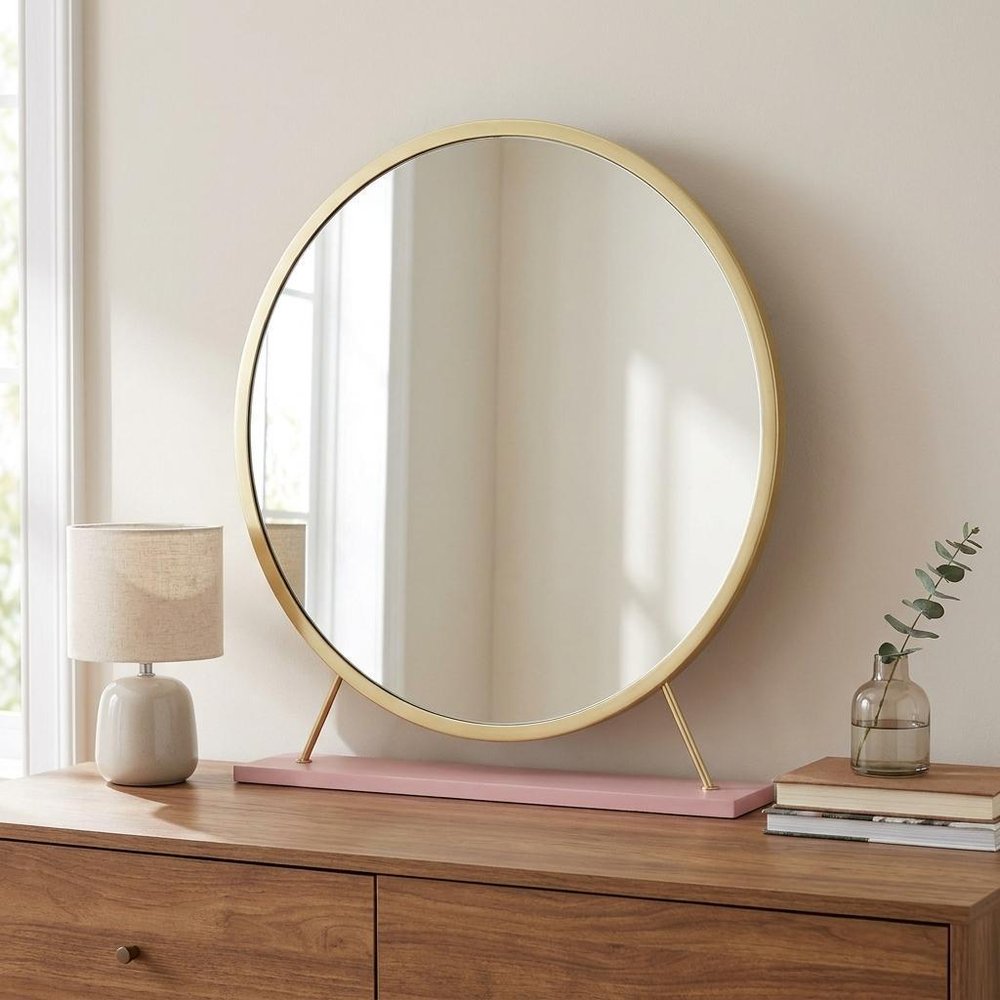 19" Brass Metal Round Freestanding Ornate Framed Makeup Shaving Tabletop Mirror HomeRoots