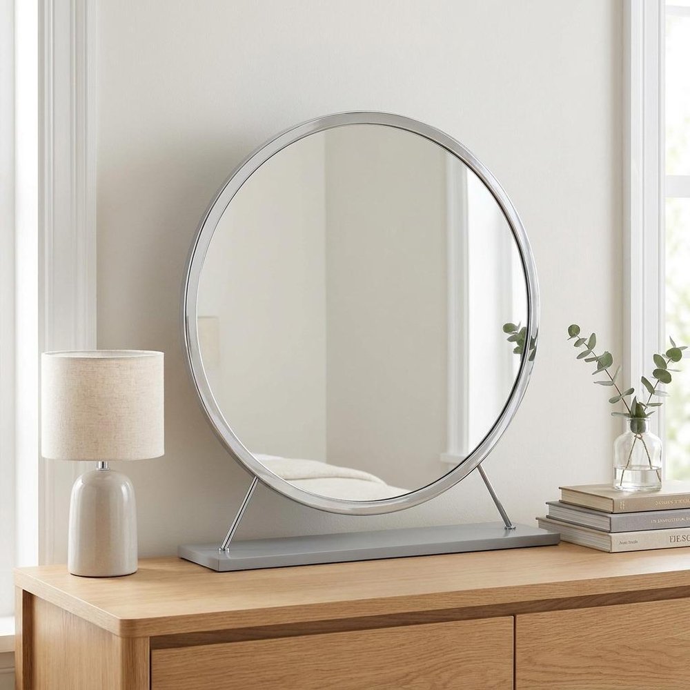 19" Gray Metal Round Freestanding Ornate Framed Makeup Shaving Tabletop Mirror HomeRoots
