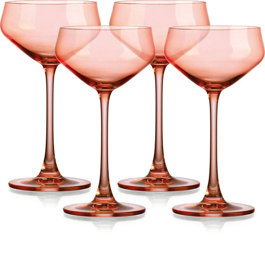 Set of Four Coral Crystal Shallow Bowl Stemmed Coupe HomeRoots