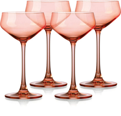 Set of Four Coral Crystal Shallow Bowl Stemmed Coupe HomeRoots