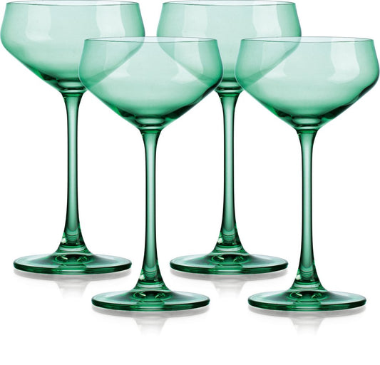 Set of Four Green Crystal Shallow Bowl Stemmed Coupe HomeRoots