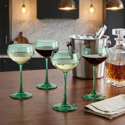 Set of Four Green Crystal Shallow Bowl Stemmed Coupe HomeRoots