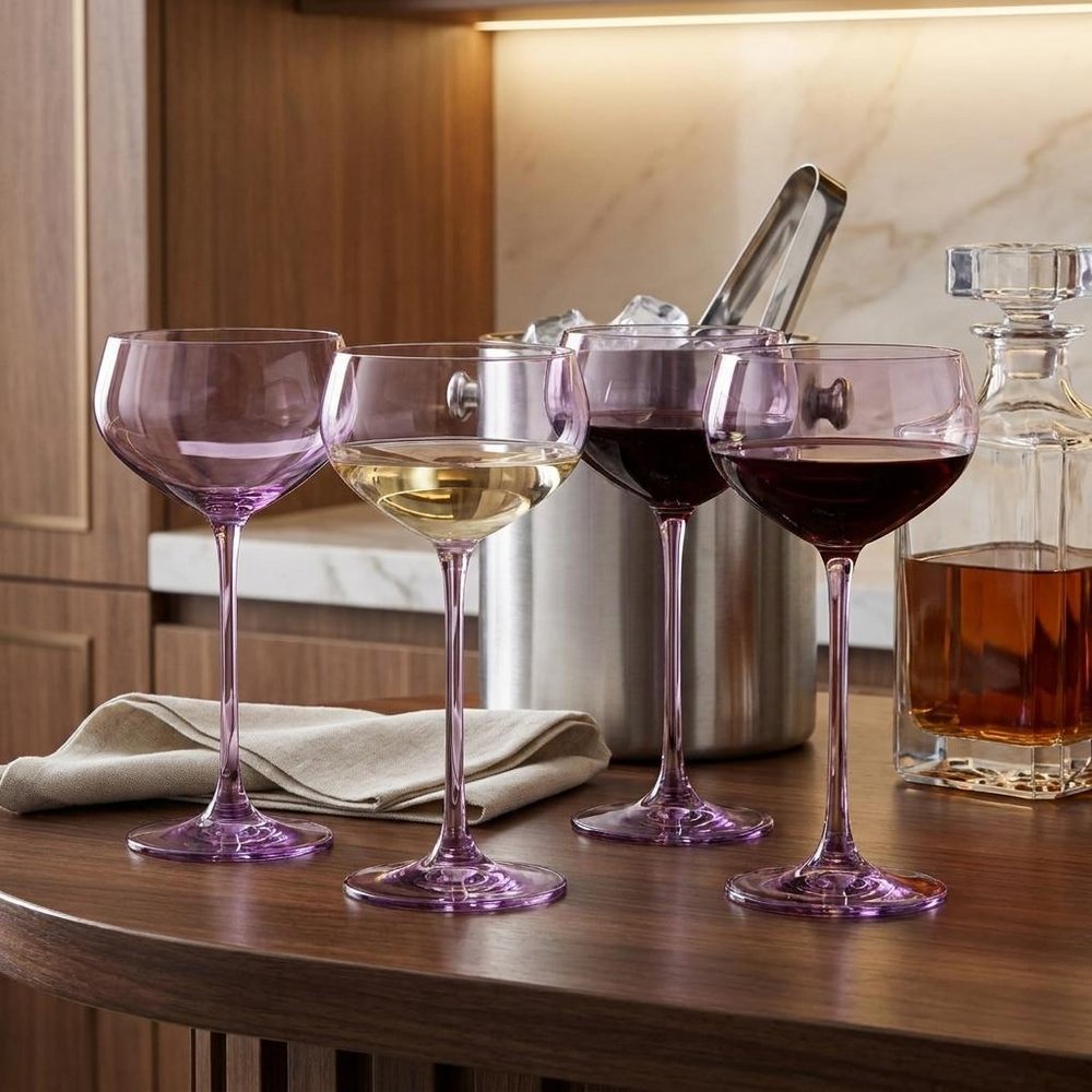 Set of Four Purple Crystal Shallow Bowl Stemmed Coupe HomeRoots