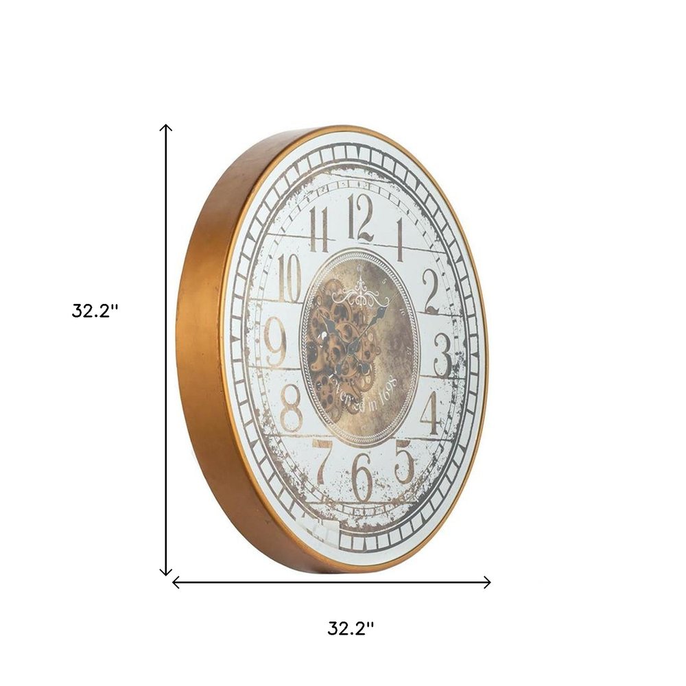 32" Circle Gold and Silver Metal and Mirror Analog Exposed Gear Wall Clock HomeRoots