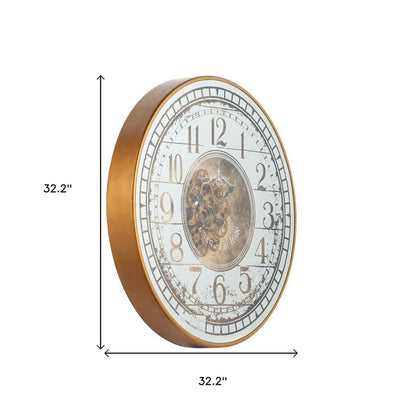 32" Circle Gold and Silver Metal and Mirror Analog Exposed Gear Wall Clock HomeRoots