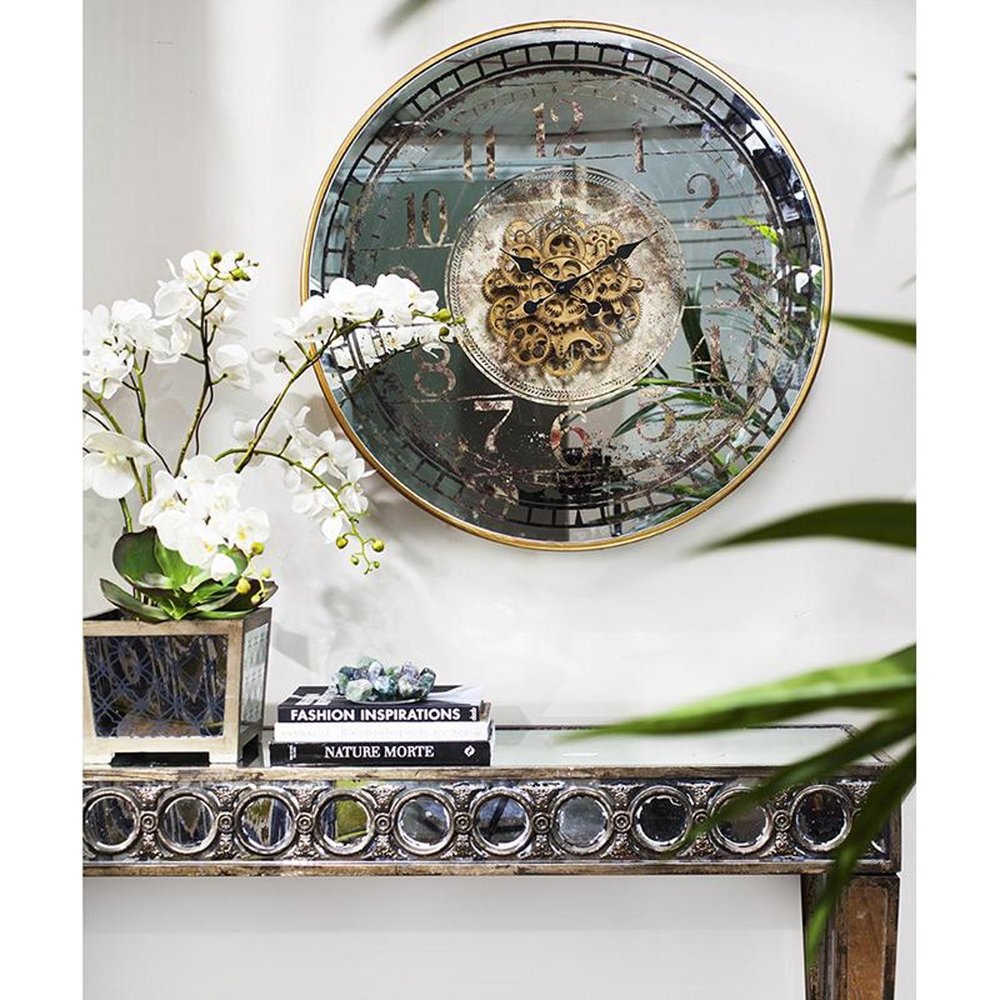 32" Circle Gold and Silver Metal and Mirror Analog Exposed Gear Wall Clock HomeRoots