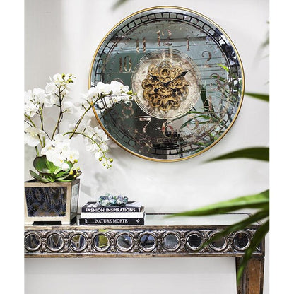 32" Circle Gold and Silver Metal and Mirror Analog Exposed Gear Wall Clock HomeRoots