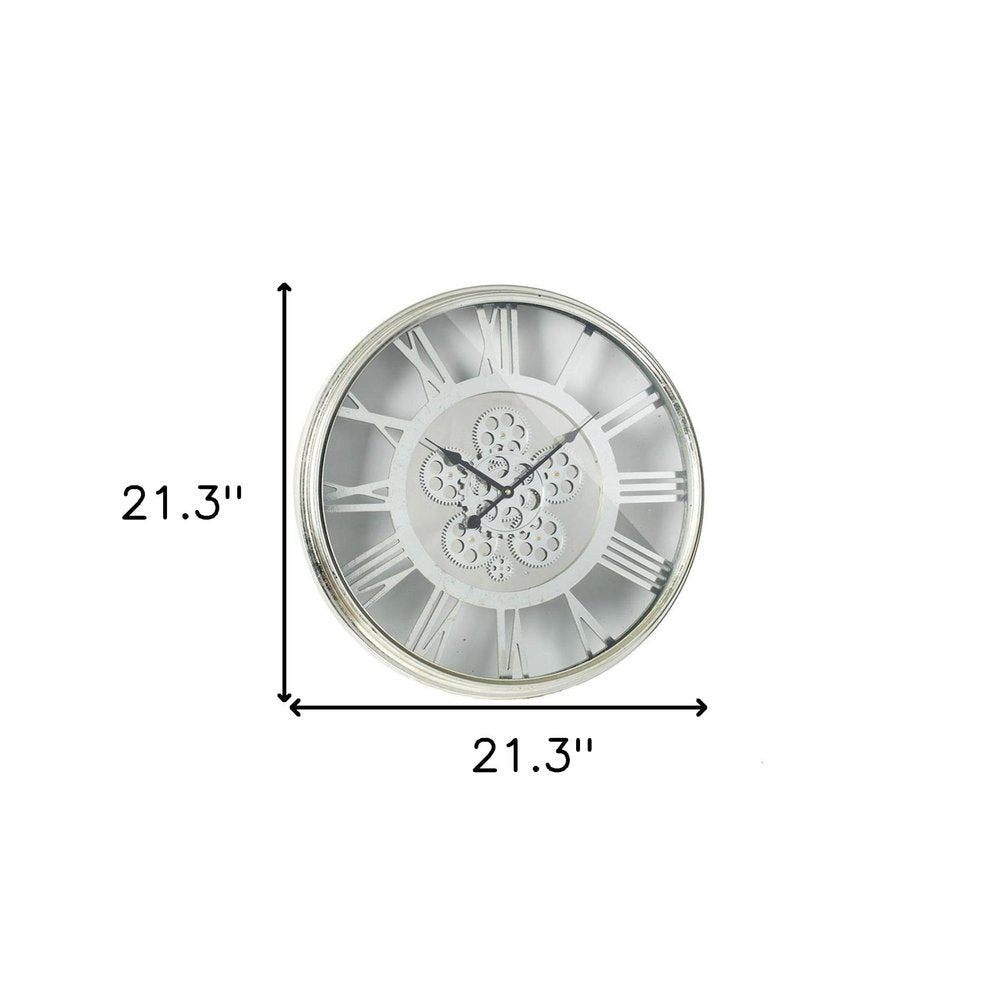 21" Circle Silver Metal and Glass Analog Exposed Gear Wall Clock HomeRoots
