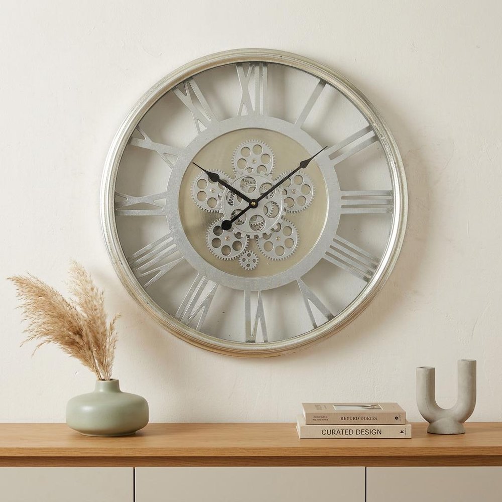 21" Circle Silver Metal and Glass Analog Exposed Gear Wall Clock HomeRoots