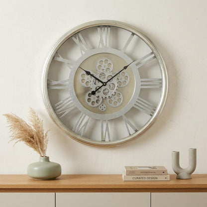 21" Circle Silver Metal and Glass Analog Exposed Gear Wall Clock HomeRoots
