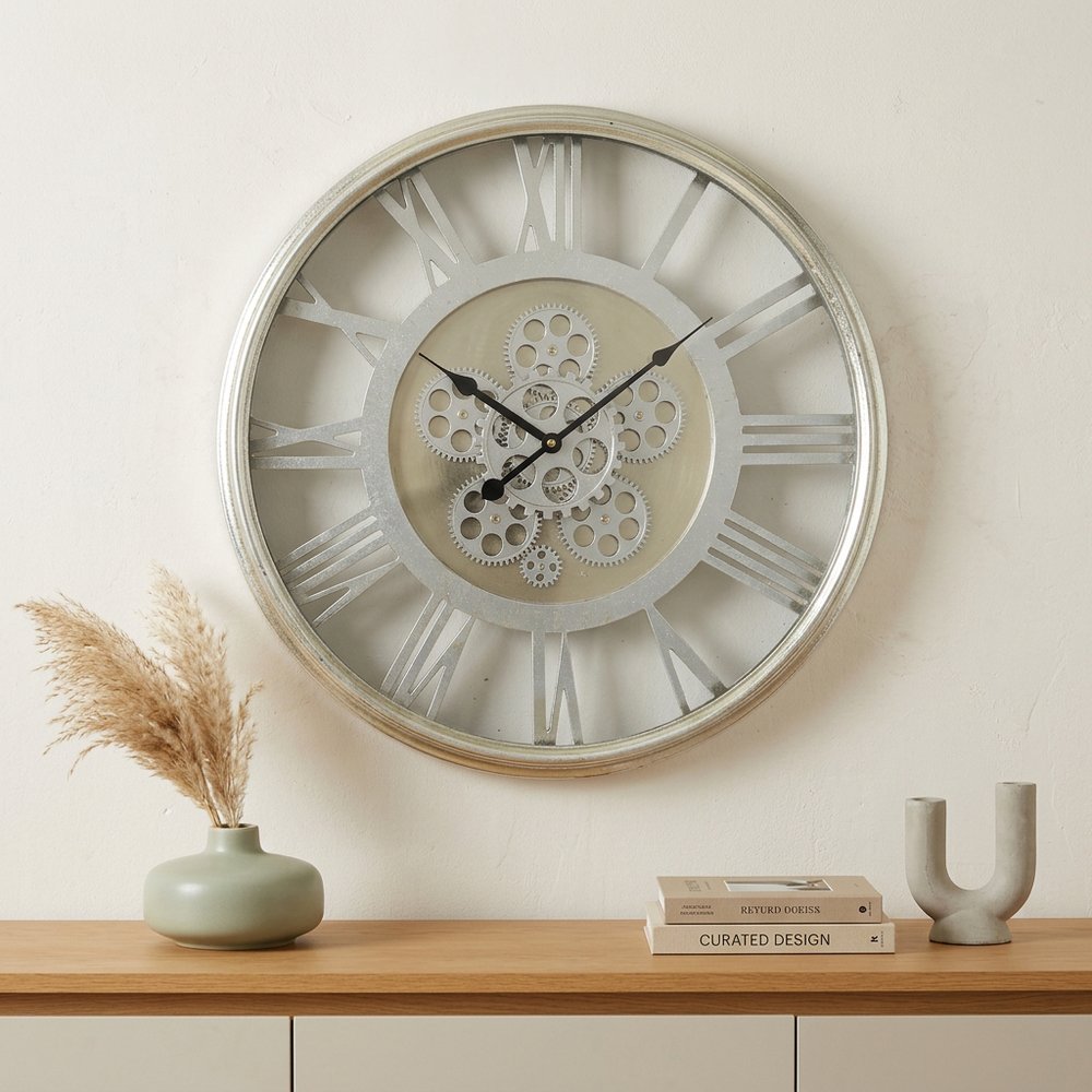 21" Circle Silver Metal and Glass Analog Exposed Gear Wall Clock HomeRoots