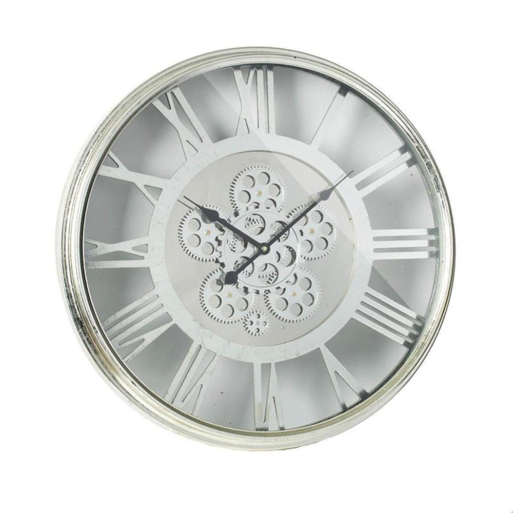 21" Circle Silver Metal and Glass Analog Exposed Gear Wall Clock HomeRoots