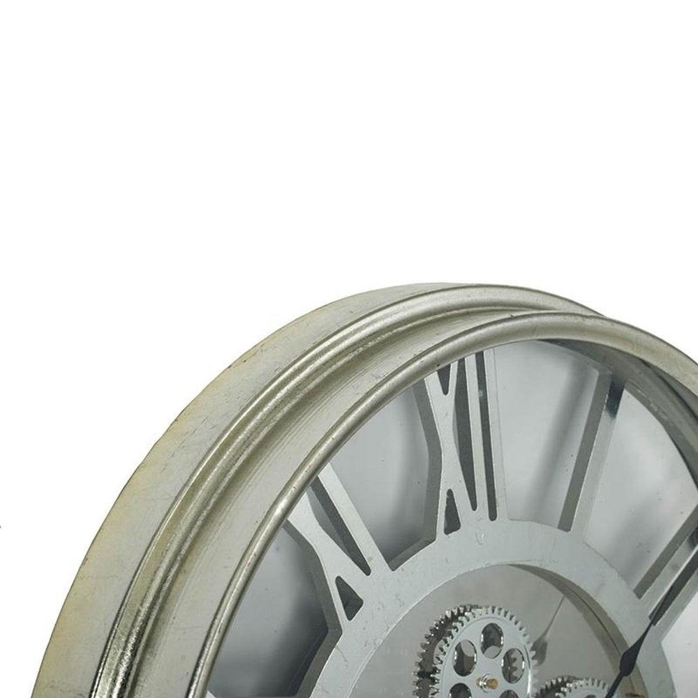 21" Circle Silver Metal and Glass Analog Exposed Gear Wall Clock HomeRoots