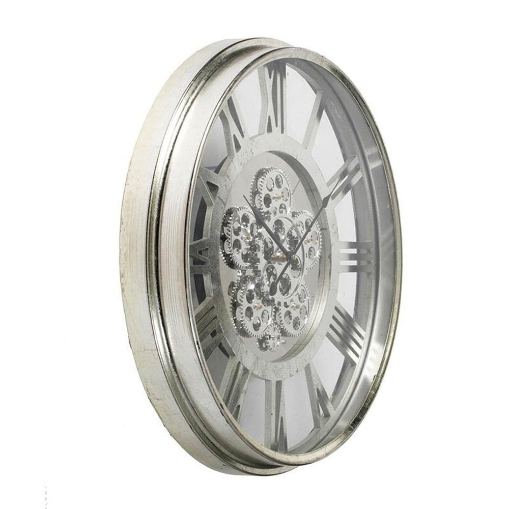 21" Circle Silver Metal and Glass Analog Exposed Gear Wall Clock HomeRoots