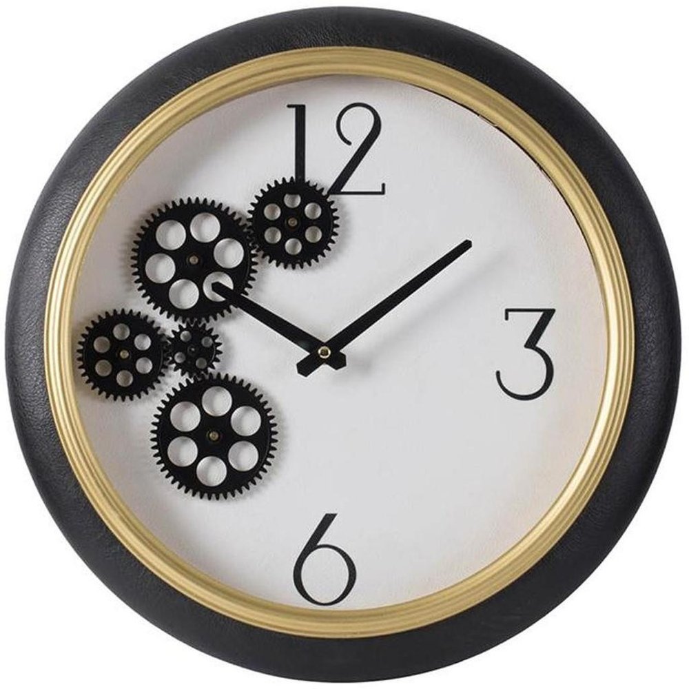 16" Black Gold And White Faux Leather And Iron Analog Exposed Gear Round Wall Clock HomeRoots