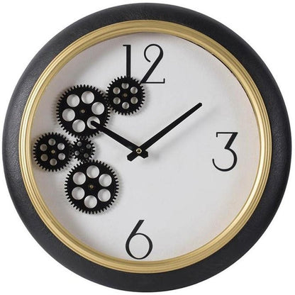 16" Black Gold And White Faux Leather And Iron Analog Exposed Gear Round Wall Clock HomeRoots